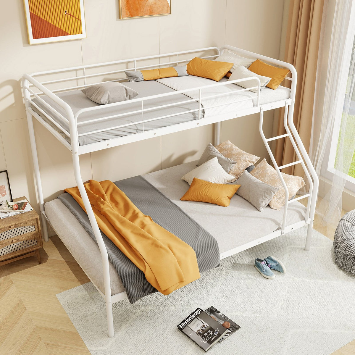 Twin Over Full Bunk Bed with Ladder and Full-length Guardrails-White view 3