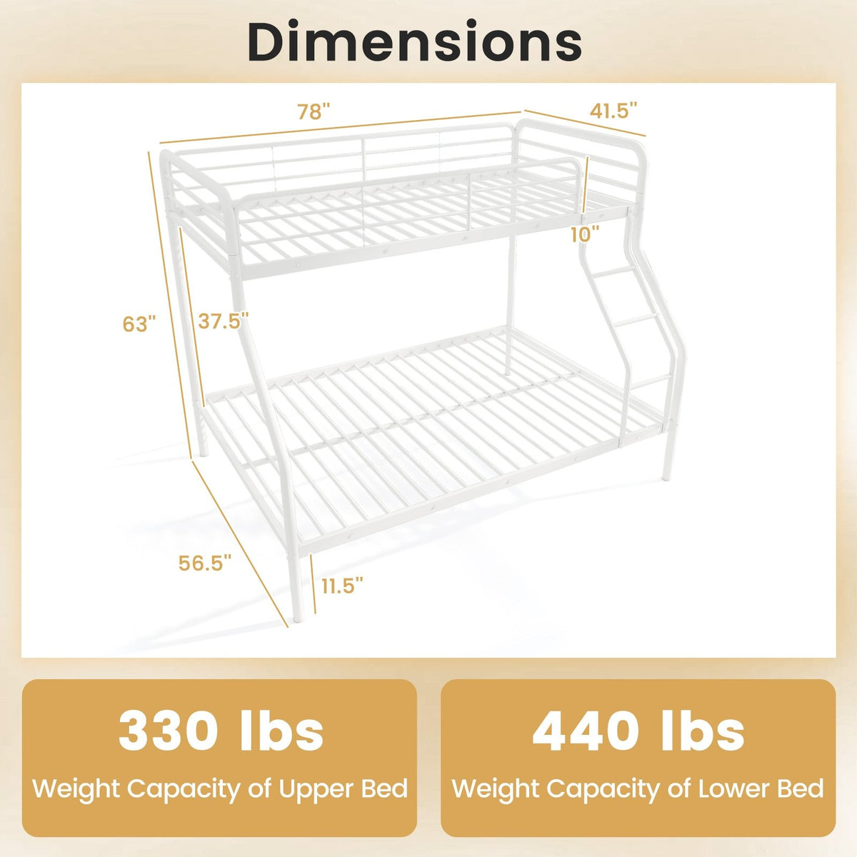 Twin Over Full Bunk Bed with Ladder and Full-length Guardrails-White view 4