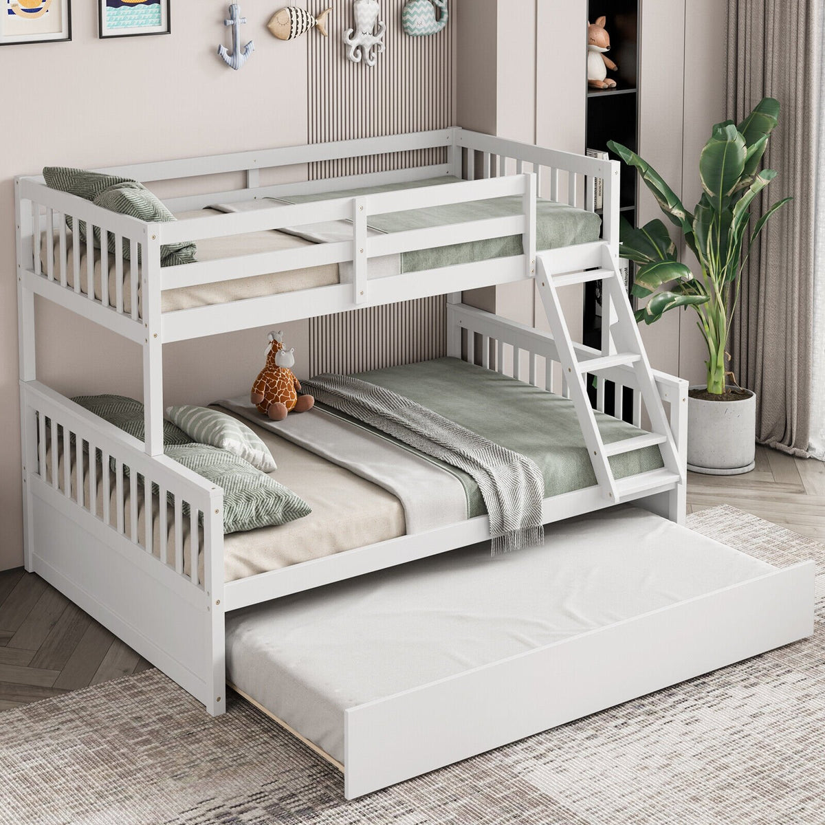 Twin Over Full Convertible Bunk Bed with Twin Trundle-White view 6