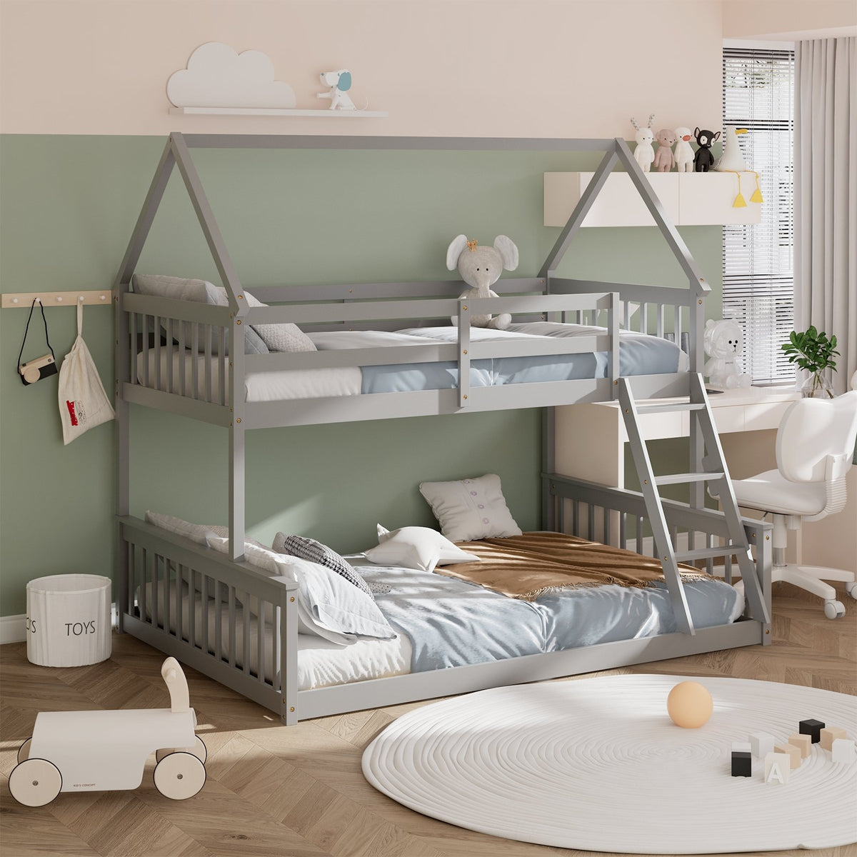 Twin Over Full House Bunk Bed with Ladder and Guardrails-Gray view 2