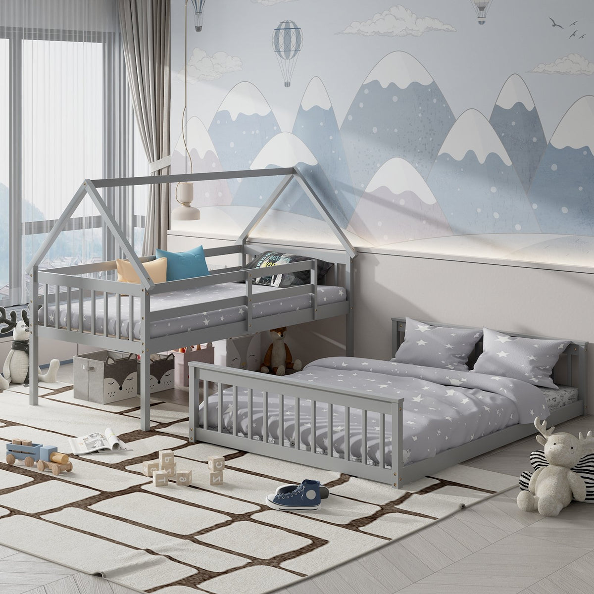Twin Over Full House Bunk Bed with Ladder and Guardrails-Gray view 3
