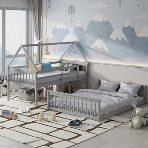 Twin Over Full House Bunk Bed with Ladder and Guardrails-Gray view 3