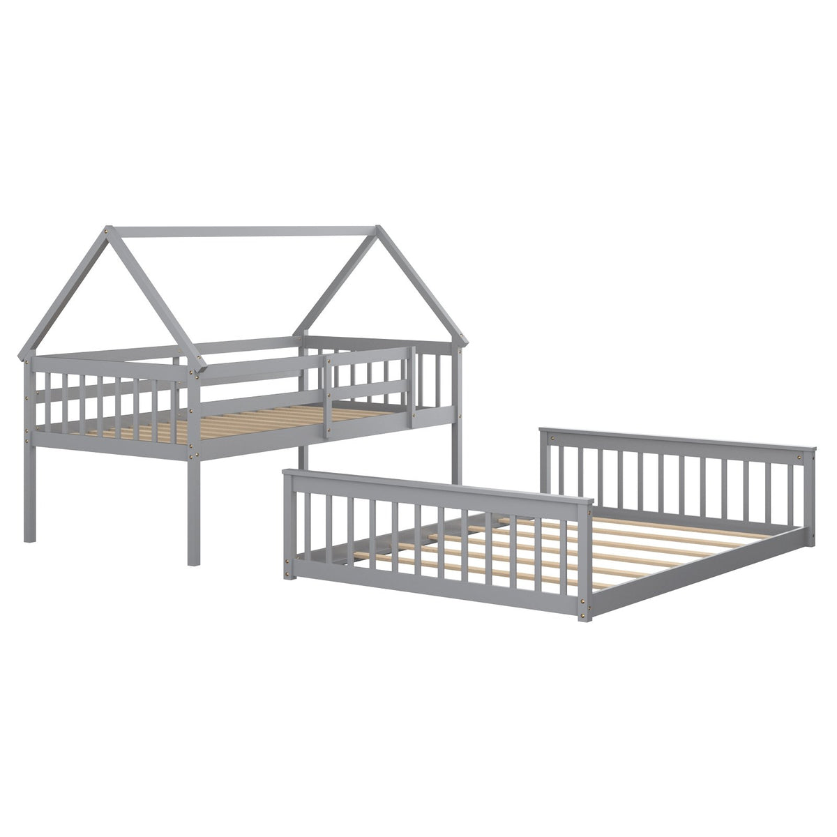 Twin Over Full House Bunk Bed with Ladder and Guardrails-Gray view 4