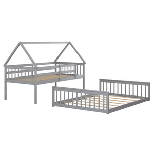 Twin Over Full House Bunk Bed with Ladder and Guardrails-Gray view 4