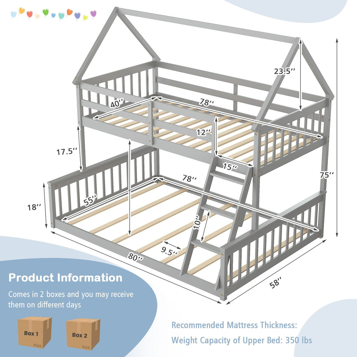 Twin Over Full House Bunk Bed with Ladder and Guardrails-Gray view 5