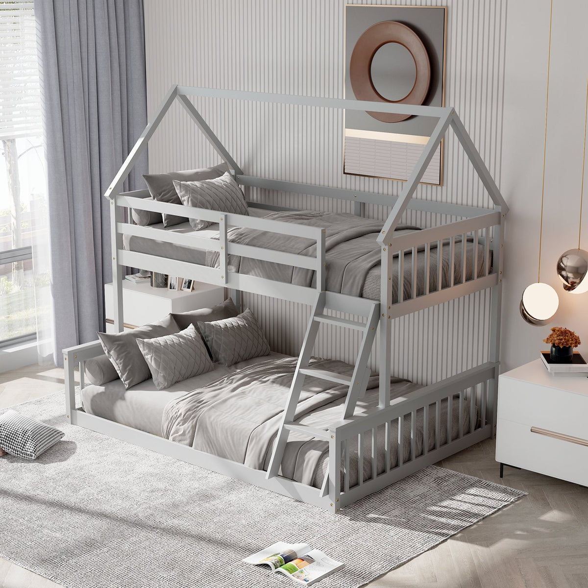 Twin Over Full House Bunk Bed with Ladder and Guardrails-Gray view 6