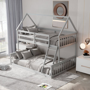 Twin Over Full House Bunk Bed with Ladder and Guardrails-Gray view 6
