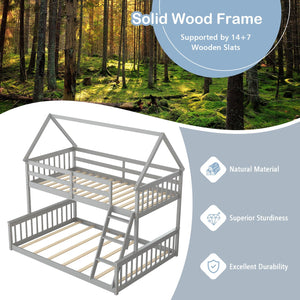 Twin Over Full House Bunk Bed with Ladder and Guardrails-Gray view 7