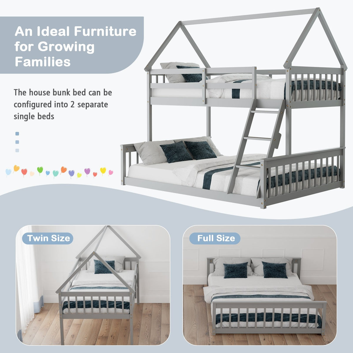 Twin Over Full House Bunk Bed with Ladder and Guardrails-Gray view 9