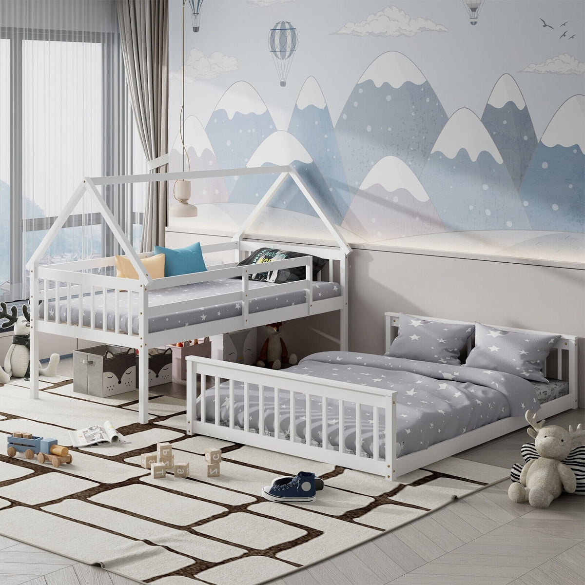 Twin Over Full House Bunk Bed with Ladder and Guardrails-White view 3