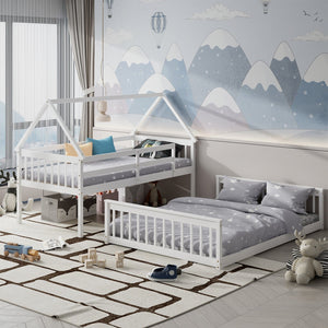 Twin Over Full House Bunk Bed with Ladder and Guardrails-White view 3