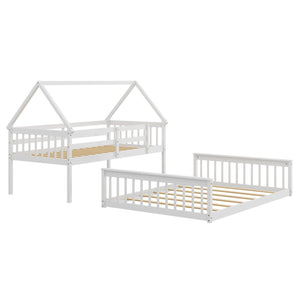 Twin Over Full House Bunk Bed with Ladder and Guardrails-White view 4