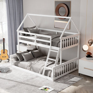 Twin Over Full House Bunk Bed with Ladder and Guardrails-White view 6