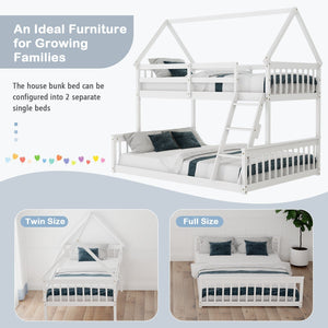 Twin Over Full House Bunk Bed with Ladder and Guardrails-White view 7