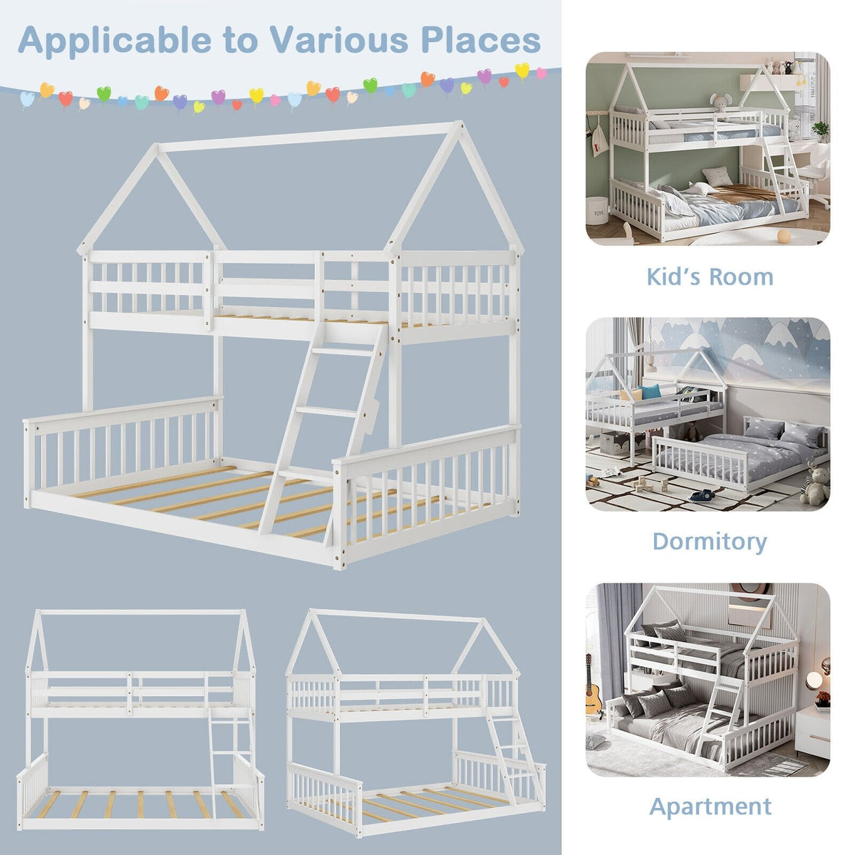 Twin Over Full House Bunk Bed with Ladder and Guardrails-White view 9