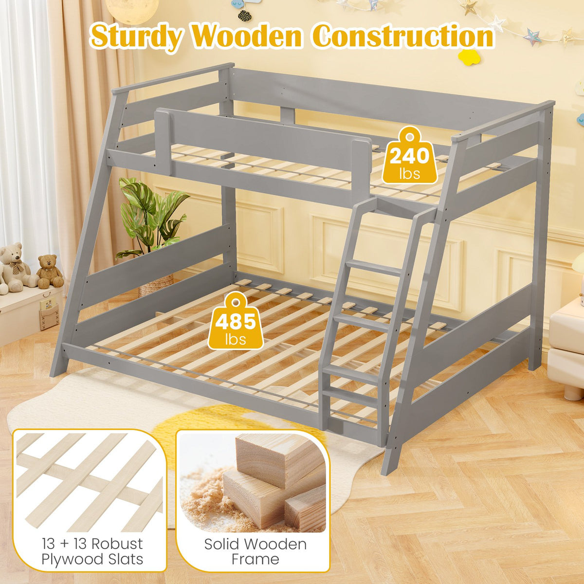 Twin Over Full Low Bunk Bed with Reversible Ladder-Gray view 7