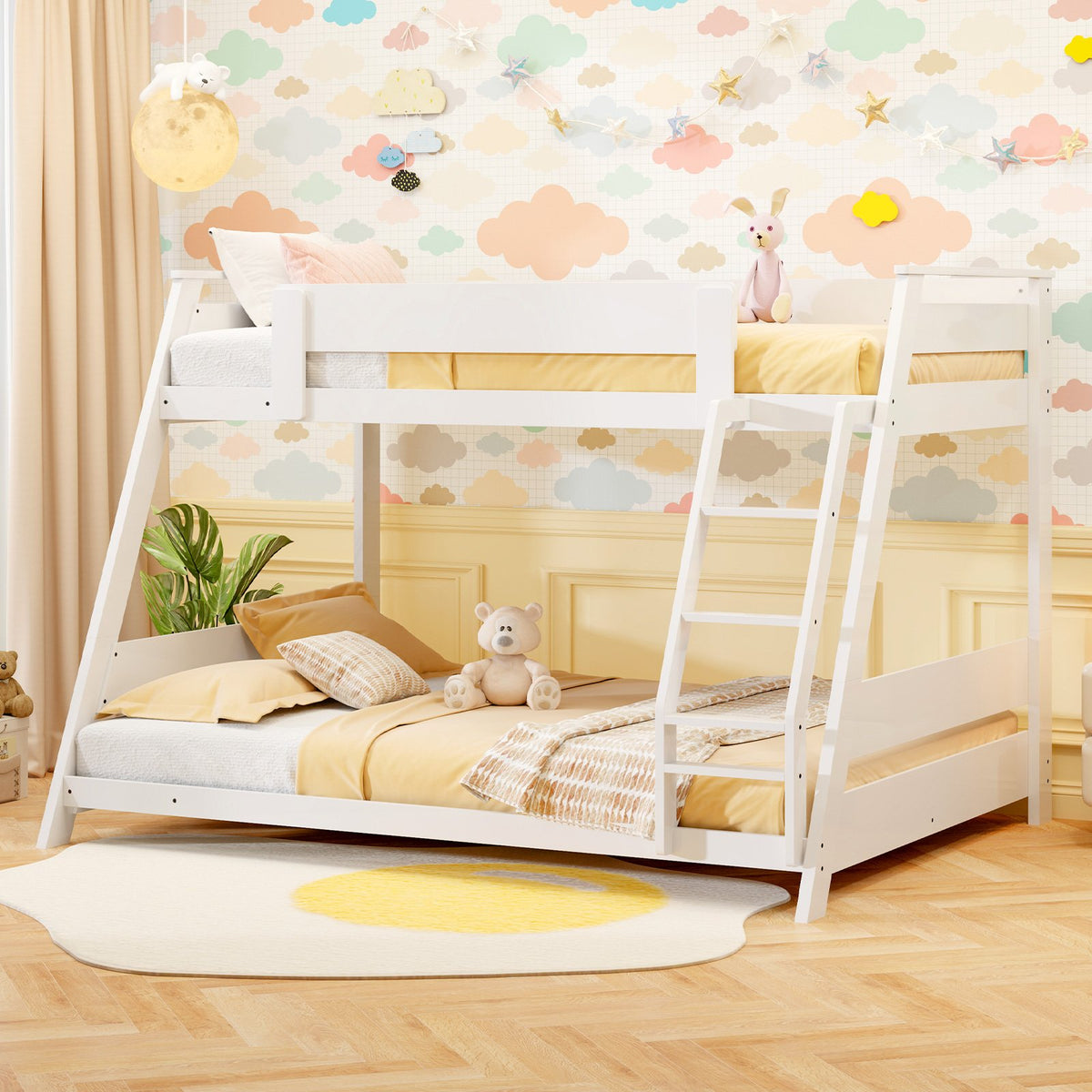 Twin Over Full Low Bunk Bed with Reversible Ladder-White view 2