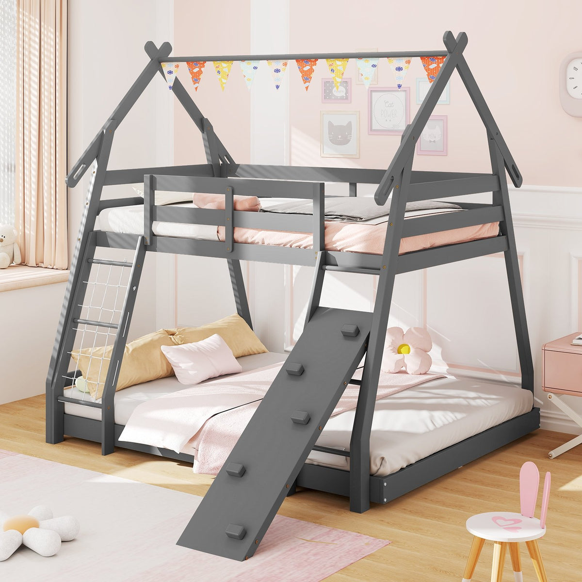 Twin Over Queen Bunk Bed Wooden Kids Bed with Climbing Nets and Ramp-Gray view 2