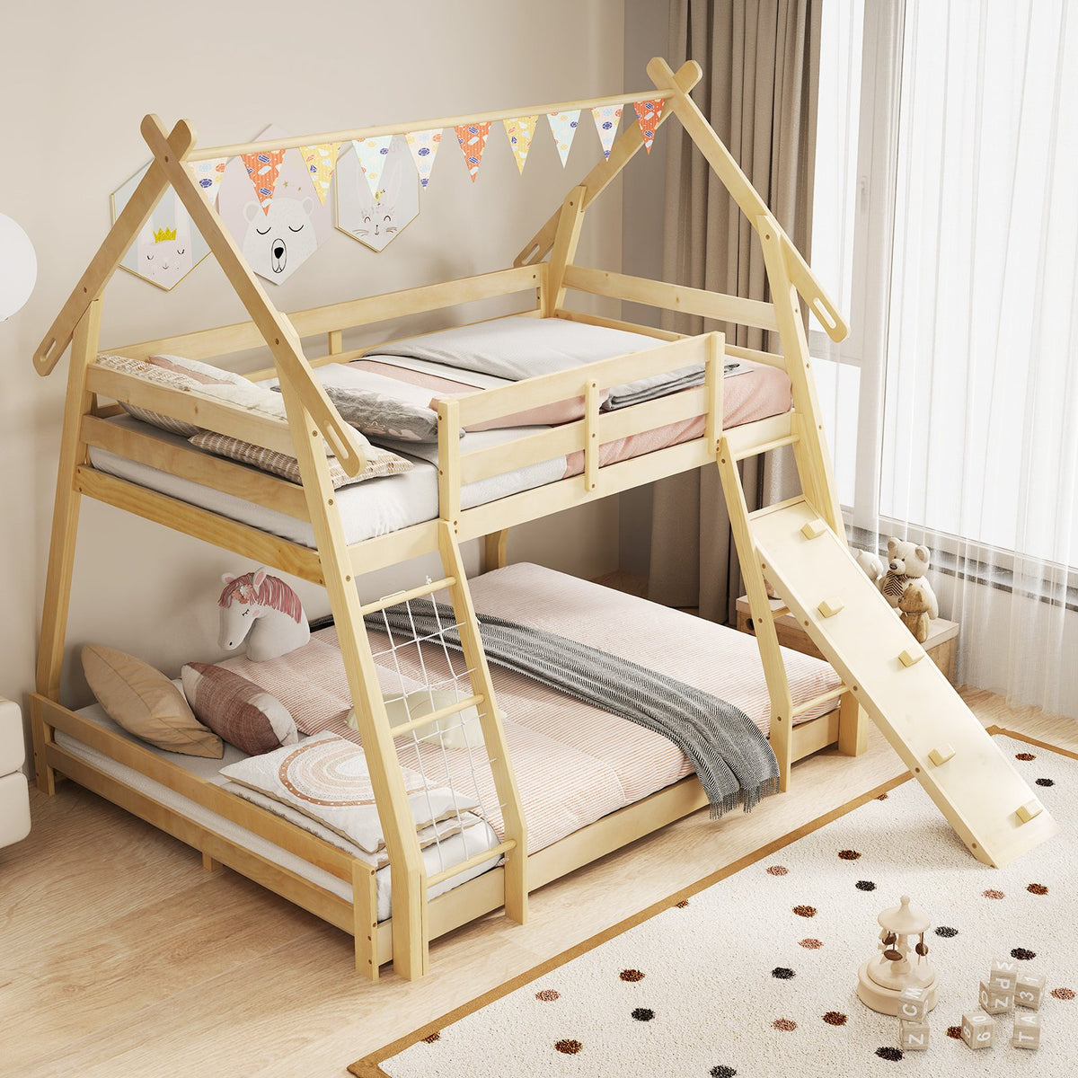 Twin Over Queen Bunk Bed Wooden Kids Bed with Climbing Nets and Ramp-Natural view 2