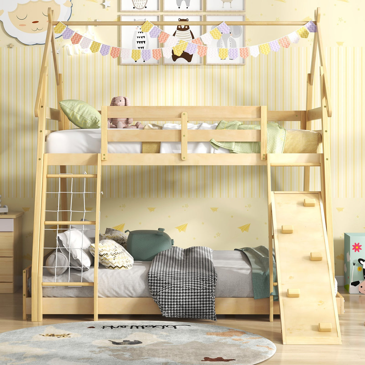 Twin Over Queen Bunk Bed Wooden Kids Bed with Climbing Nets and Ramp-Natural view 3