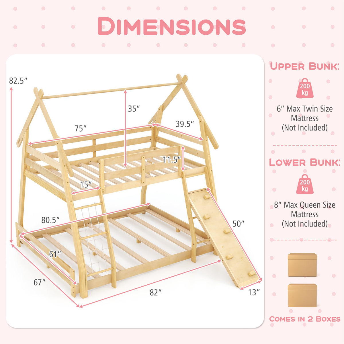 Twin Over Queen Bunk Bed Wooden Kids Bed with Climbing Nets and Ramp-Natural view 4