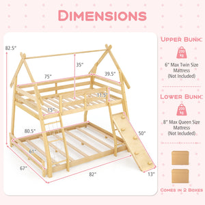 Twin Over Queen Bunk Bed Wooden Kids Bed with Climbing Nets and Ramp-Natural view 4