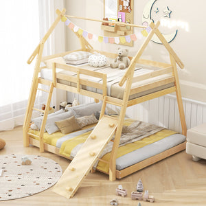 Twin Over Queen Bunk Bed Wooden Kids Bed with Climbing Nets and Ramp-Natural view 5