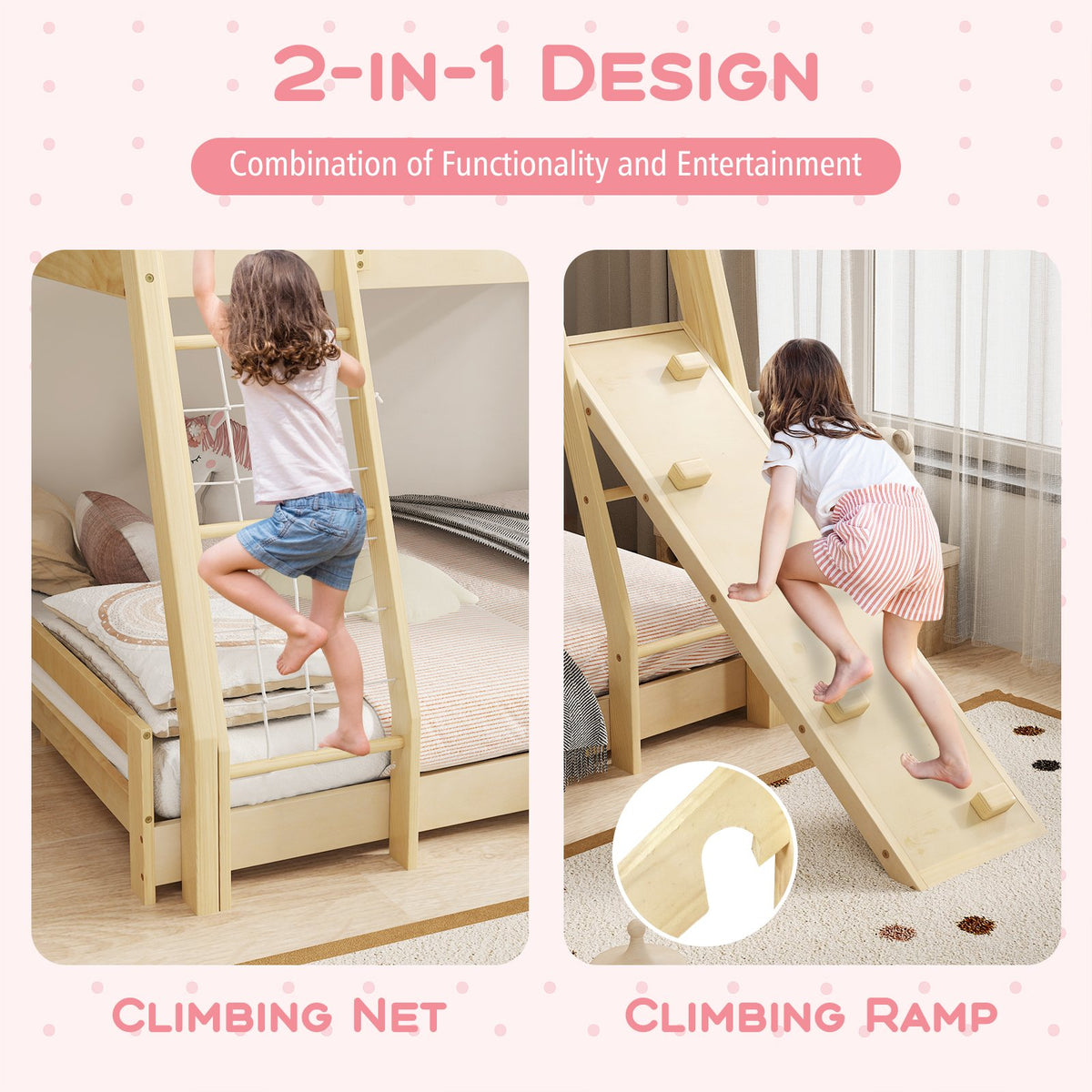 Twin Over Queen Bunk Bed Wooden Kids Bed with Climbing Nets and Ramp-Natural view 6