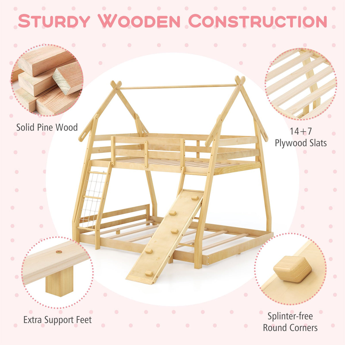 Twin Over Queen Bunk Bed Wooden Kids Bed with Climbing Nets and Ramp-Natural view 7