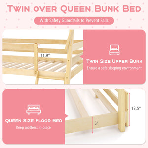 Twin Over Queen Bunk Bed Wooden Kids Bed with Climbing Nets and Ramp-Natural view 8