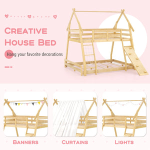Twin Over Queen Bunk Bed Wooden Kids Bed with Climbing Nets and Ramp-Natural view 9