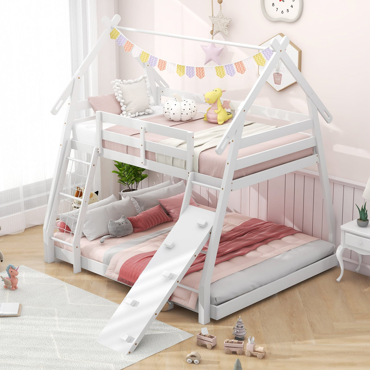 Twin Over Queen Bunk Bed Wooden Kids Bed with Climbing Nets and Ramp-White view 2