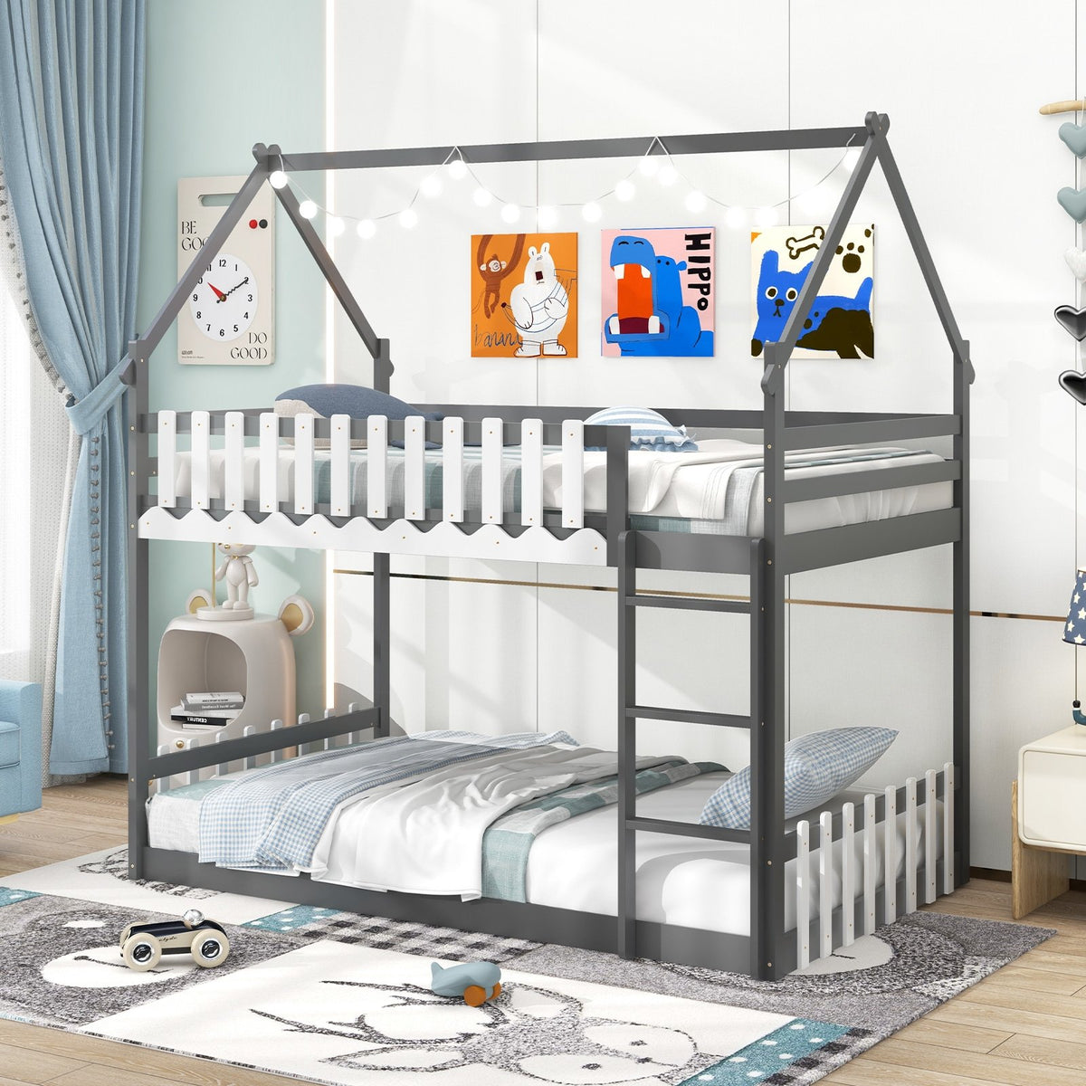 Twin Over Twin Bunk Bed with Fence and Ladder for Kids-Gray view 2