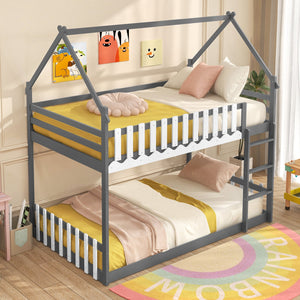 Twin Over Twin Bunk Bed with Fence and Ladder for Kids-Gray view 3