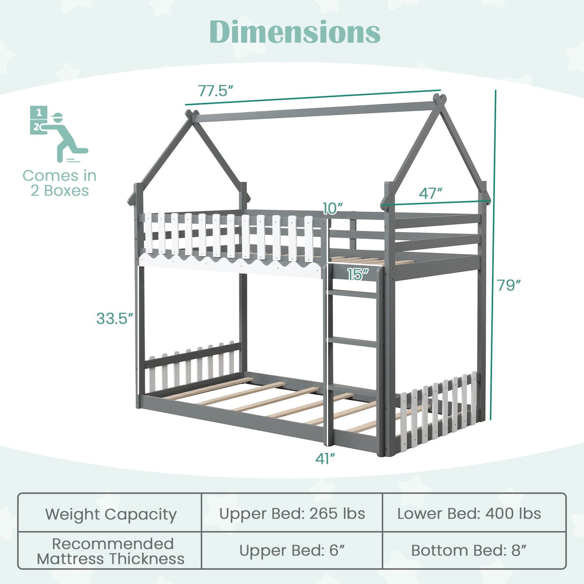 Twin Over Twin Bunk Bed with Fence and Ladder for Kids-Gray view 4