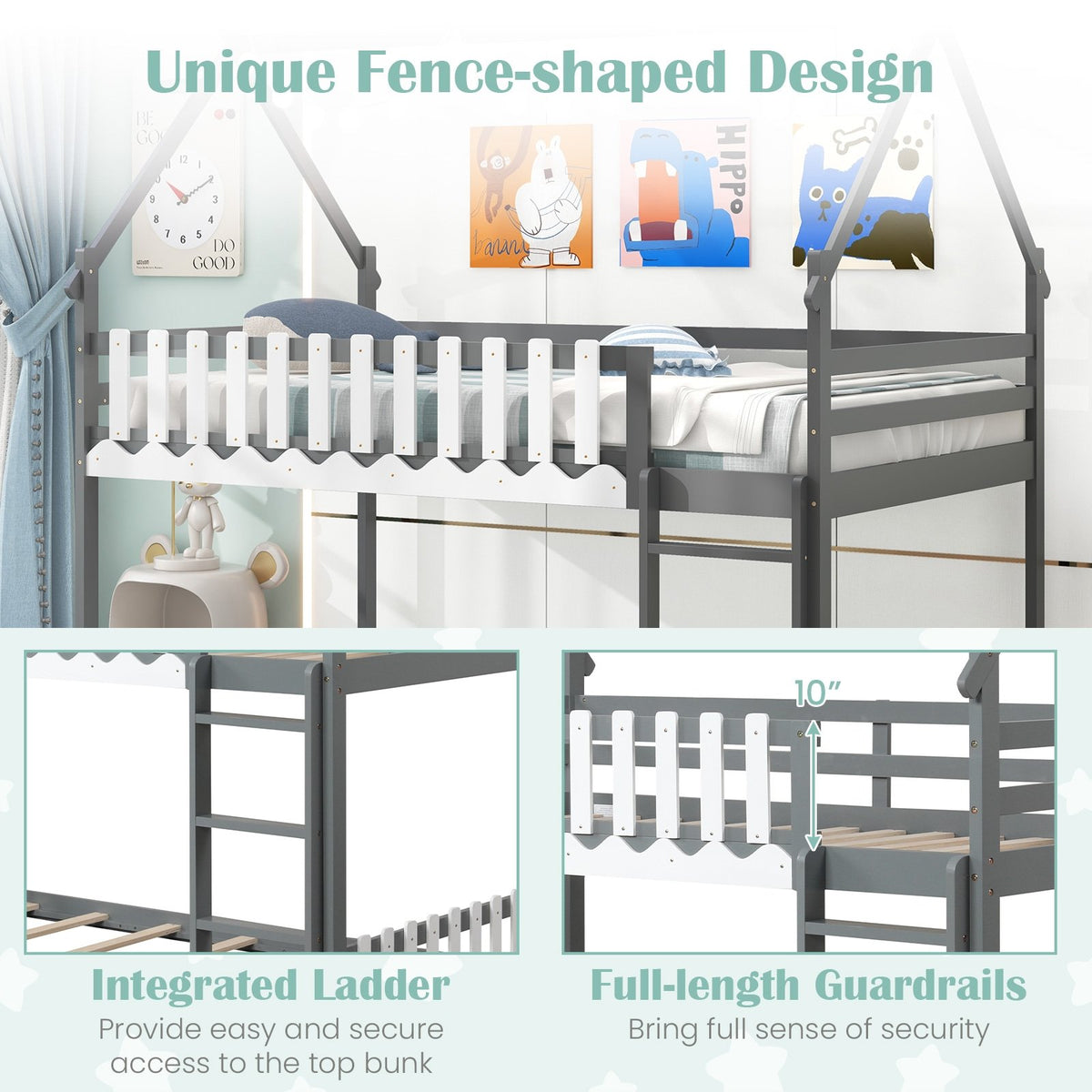 Twin Over Twin Bunk Bed with Fence and Ladder for Kids-Gray view 5
