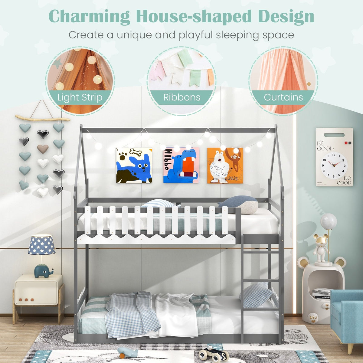 Twin Over Twin Bunk Bed with Fence and Ladder for Kids-Gray view 6
