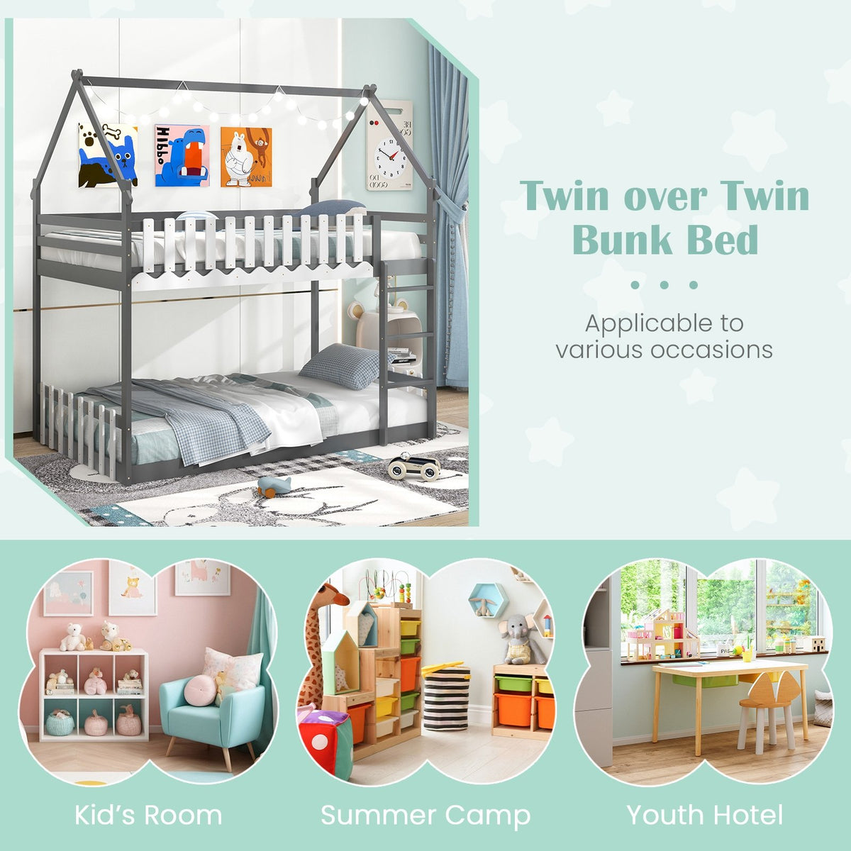 Twin Over Twin Bunk Bed with Fence and Ladder for Kids-Gray view 8