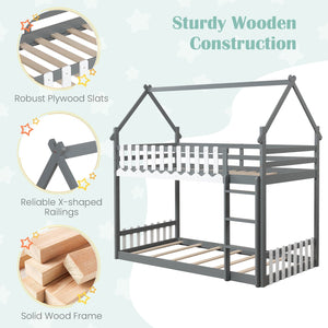 Twin Over Twin Bunk Bed with Fence and Ladder for Kids-Gray view 9
