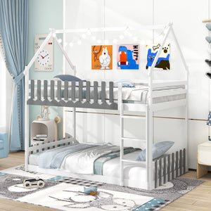 Twin Over Twin Bunk Bed with Fence and Ladder for Kids-White view 2