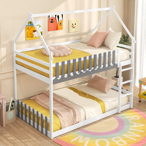 Twin Over Twin Bunk Bed with Fence and Ladder for Kids-White view 3