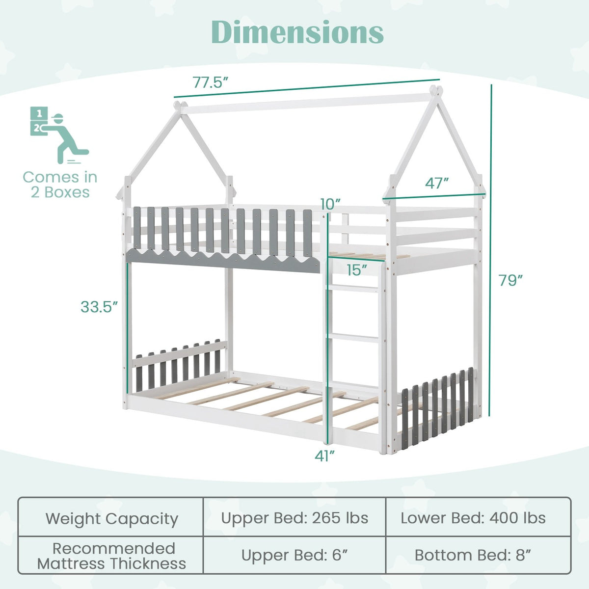 Twin Over Twin Bunk Bed with Fence and Ladder for Kids-White view 4