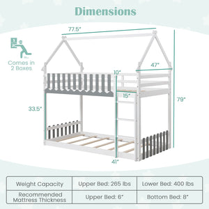 Twin Over Twin Bunk Bed with Fence and Ladder for Kids-White view 4