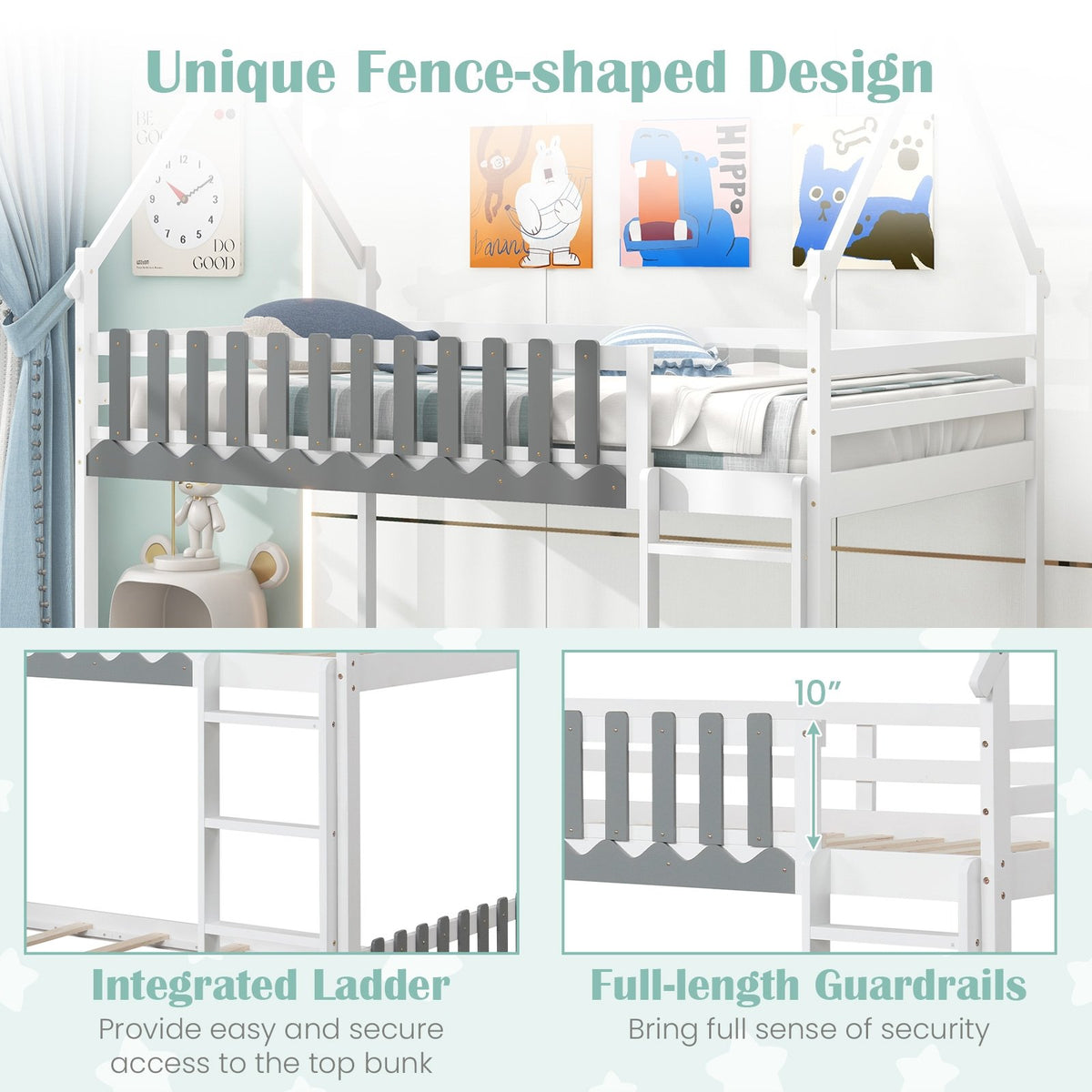 Twin Over Twin Bunk Bed with Fence and Ladder for Kids-White view 5