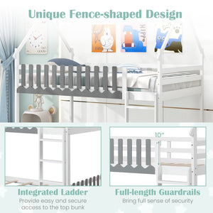 Twin Over Twin Bunk Bed with Fence and Ladder for Kids-White view 5