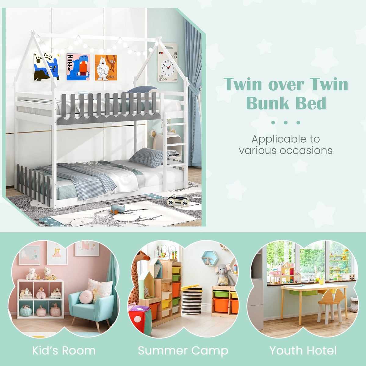 Twin Over Twin Bunk Bed with Fence and Ladder for Kids-White view 8