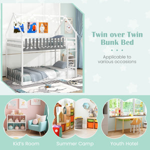 Twin Over Twin Bunk Bed with Fence and Ladder for Kids-White view 8