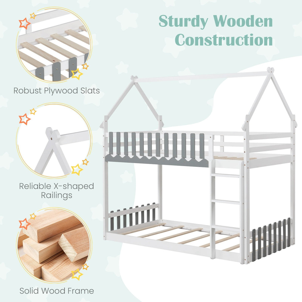 Twin Over Twin Bunk Bed with Fence and Ladder for Kids-White view 9