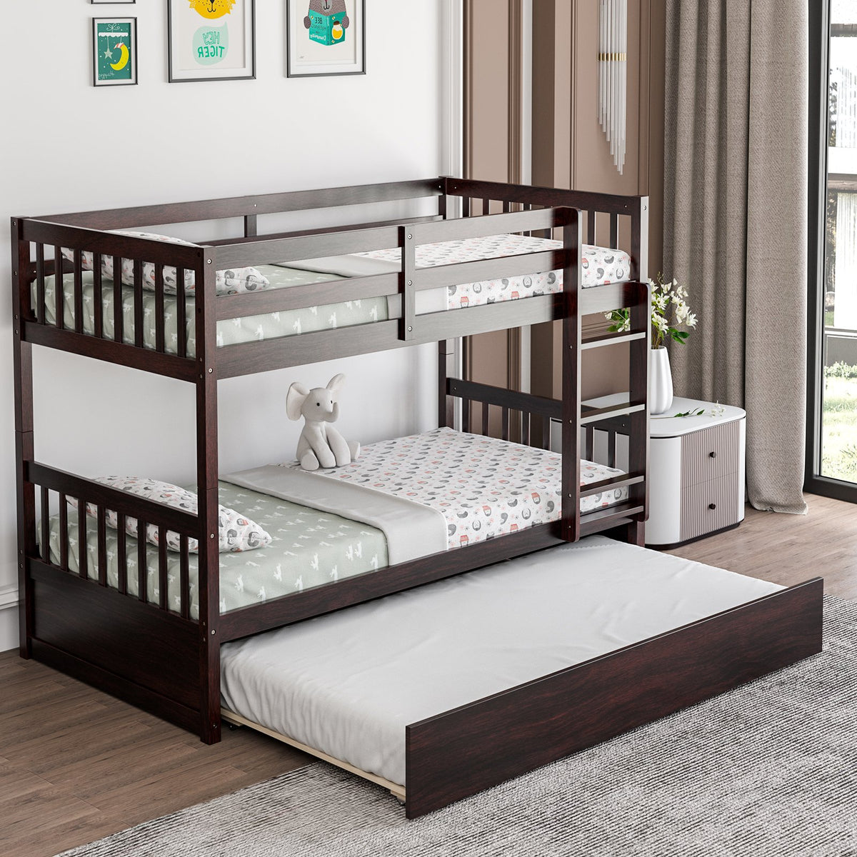 Twin Over Twin Bunk Bed with Pull-out Trundle and Ladder-Espresso view 2