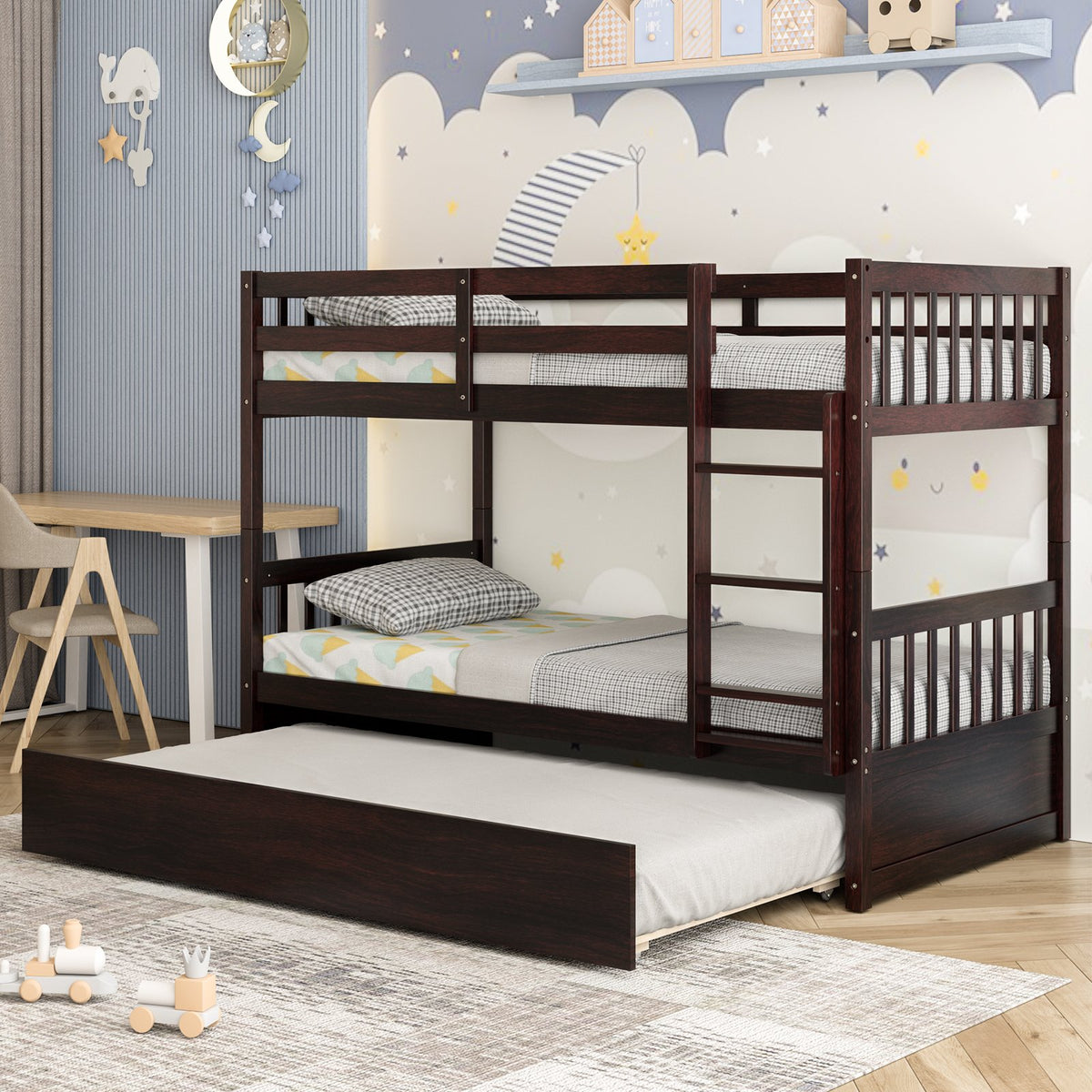 Twin Over Twin Bunk Bed with Pull-out Trundle and Ladder-Espresso view 3